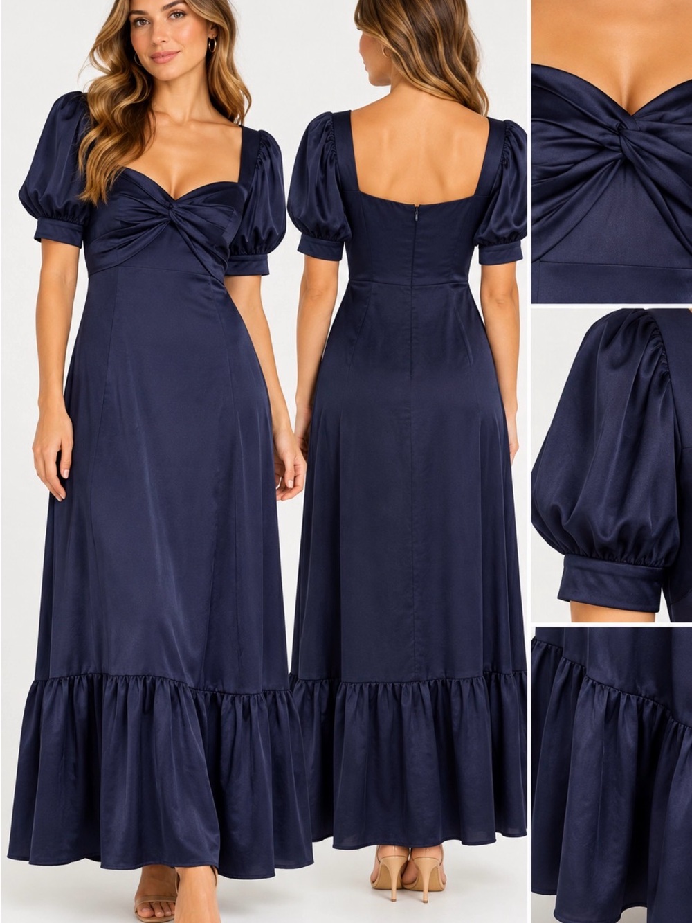 Chelsea28 Navy Twist Front Puff Sleeve Maxi Dress Medium